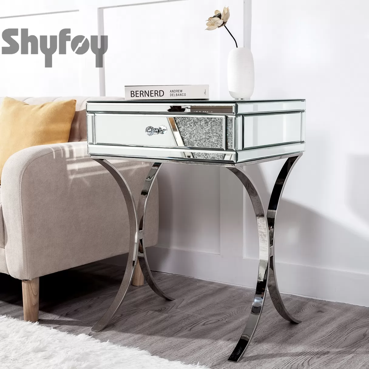 SHYFOY Mirrored Bedside Table with Stainless Steel | Silver Single Drawer Mirrored Night Table | Glass Mirror Nightstand / SF-BT010