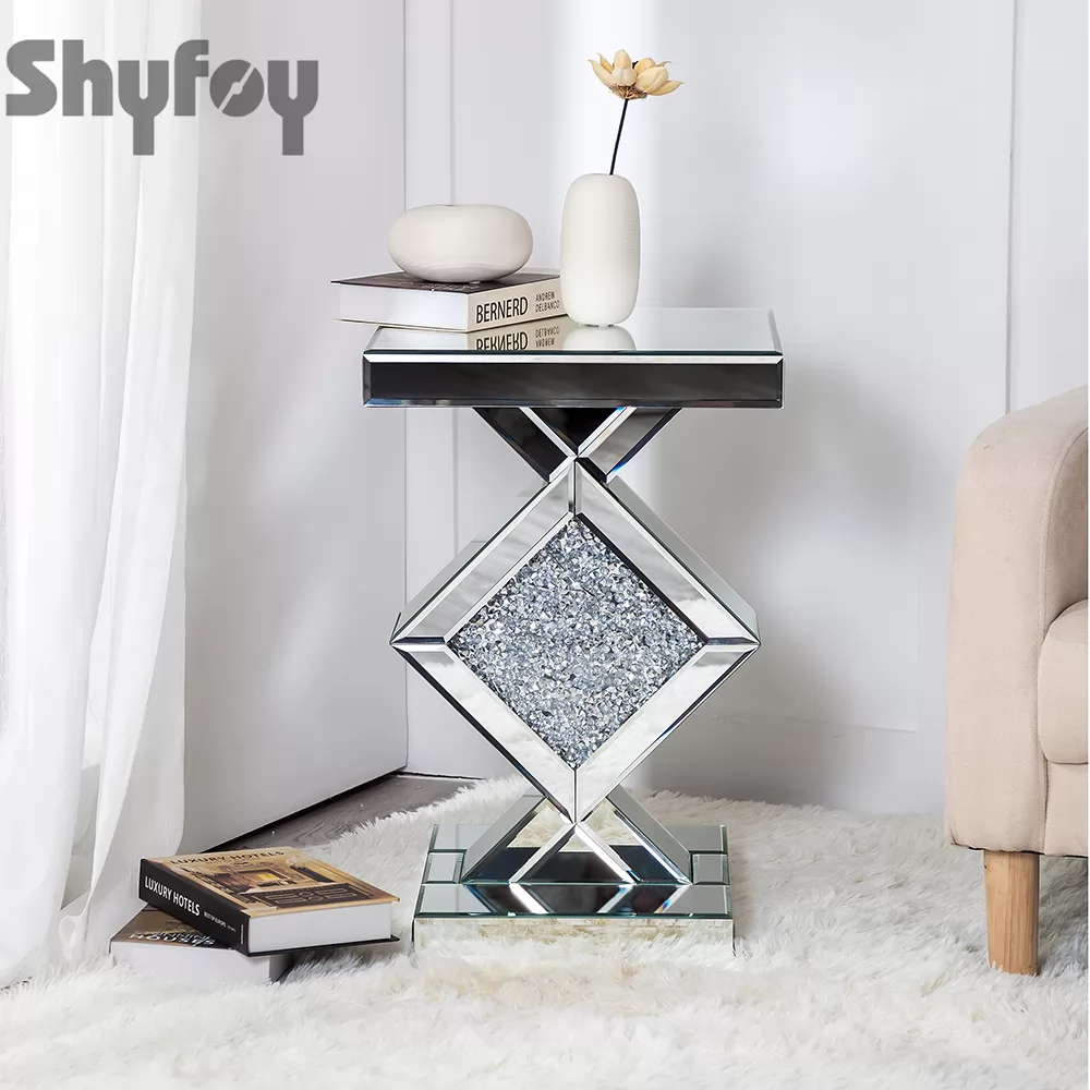 SHYFOY Mirrored Crushed Diamond Side Table | Glass Mirror End Tables with Crystal Inlay | Silver Mirror Top Accent Table for Living Room/Bedroom / SF-