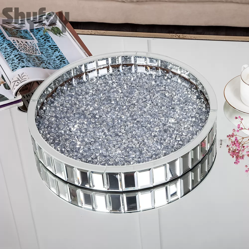 Luxury Round Glass Mirror Tray fills with Crushed Diamond| Bling Perfume Organizer for Vanity| Centerpiece Trays for Coffee Table/Dining room Table