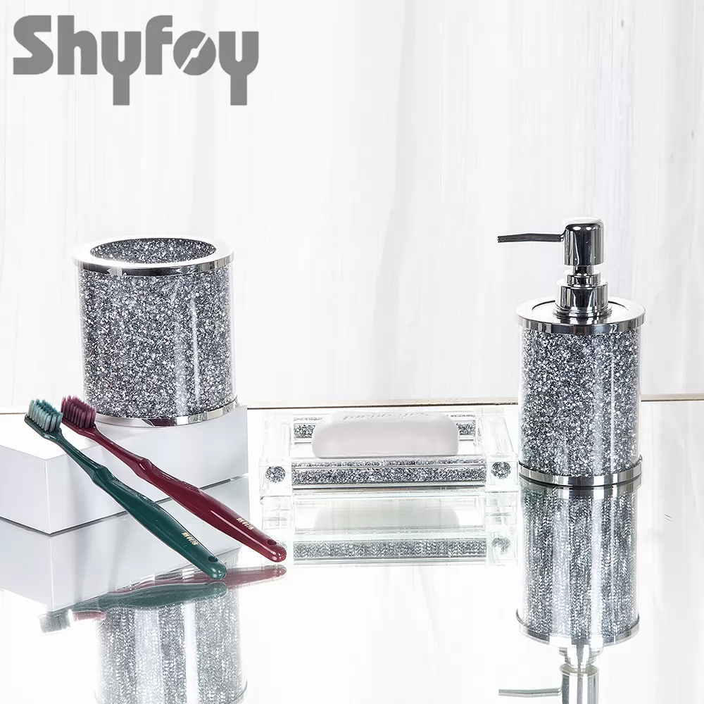 Silver Bathroom Set Accessory with Crushed Diamond, Modern Glass Bath Hardware Kit Sets, Sparkling Home Decoration / SF-MP024