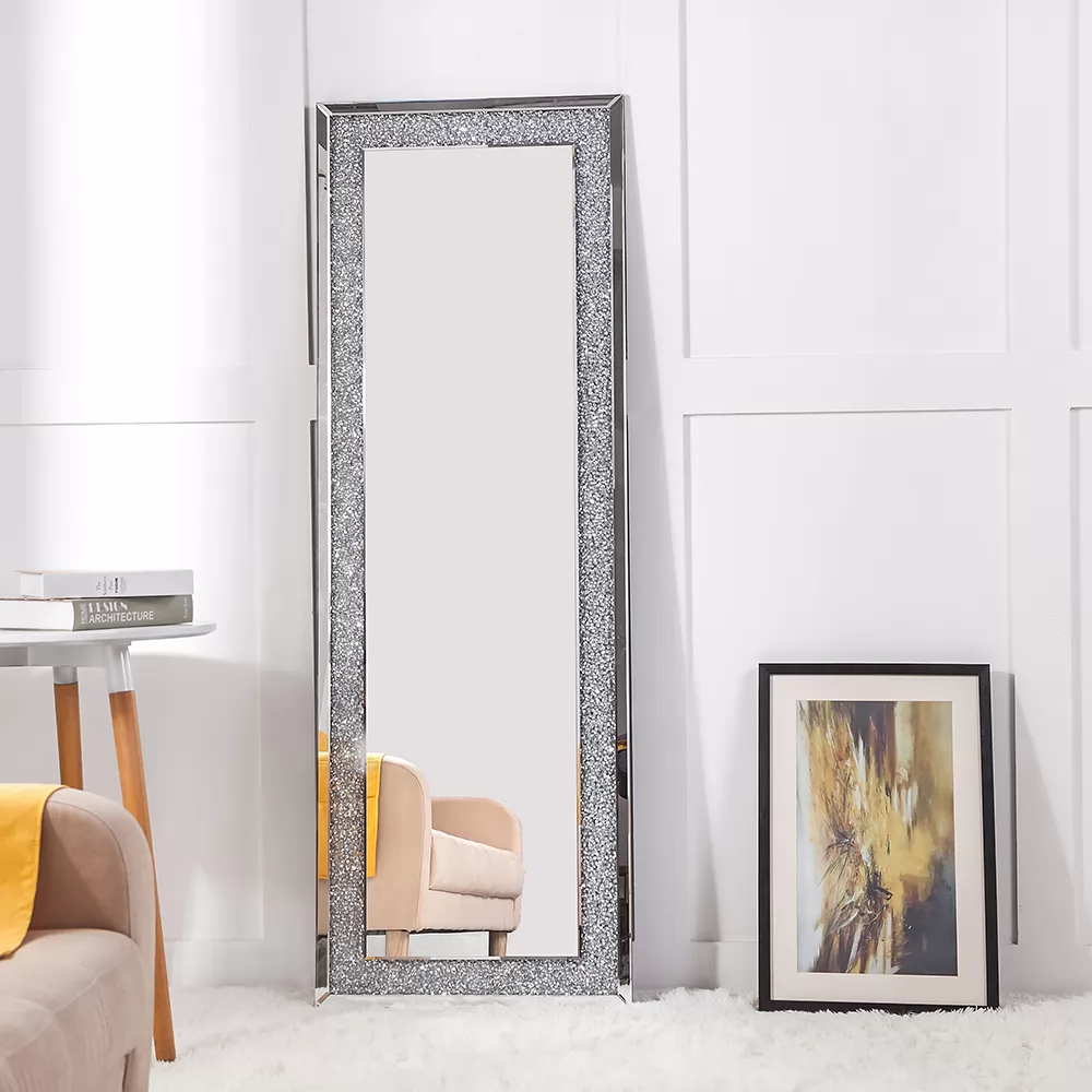 Sparkly Freestanding Long Mirror with Crushed Diamond, Rectangle Full Length Floor Mirror / SF-FM003