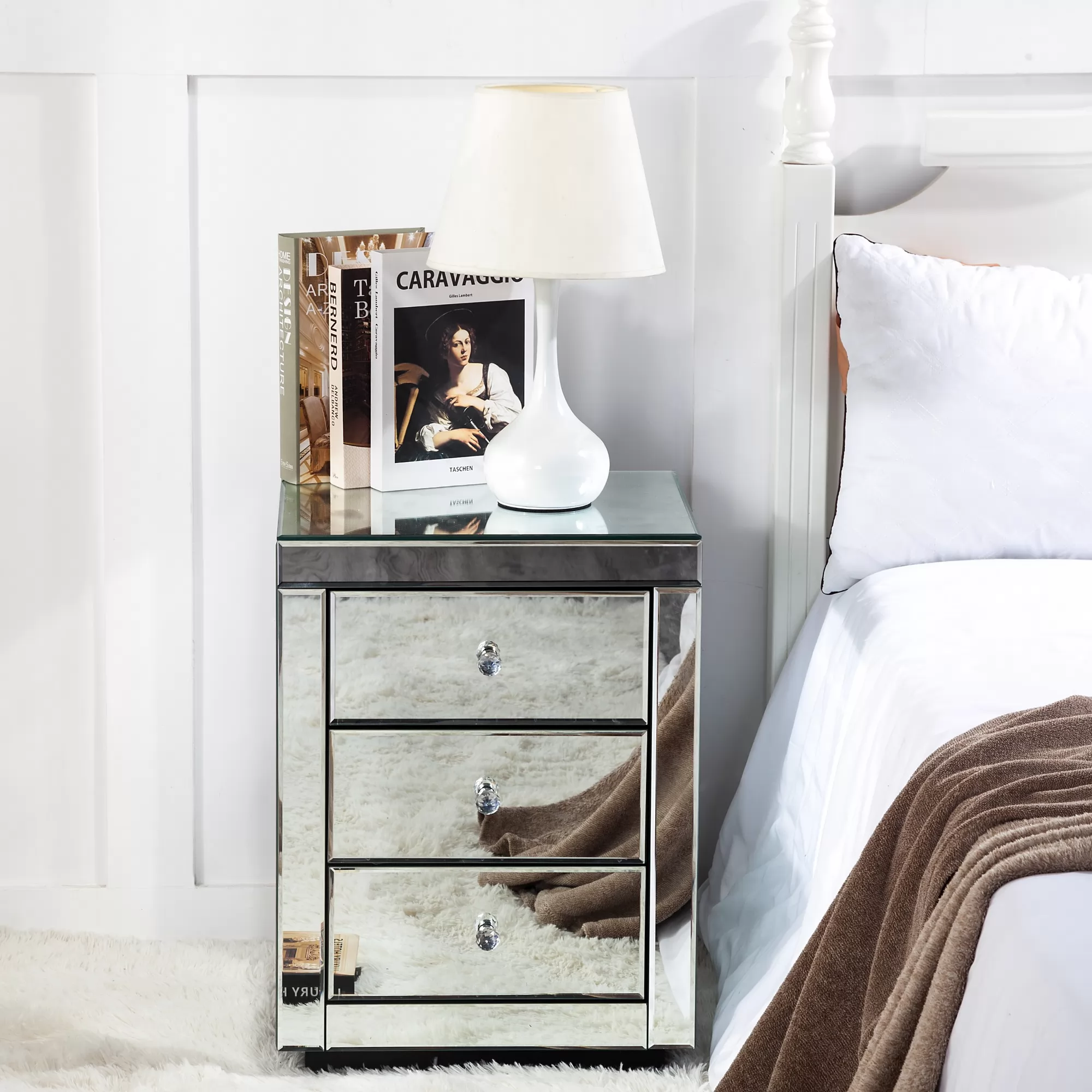 Mirrored Accent Silver Nightstand Bedside Table with 3 Drawers /  SF-BT028