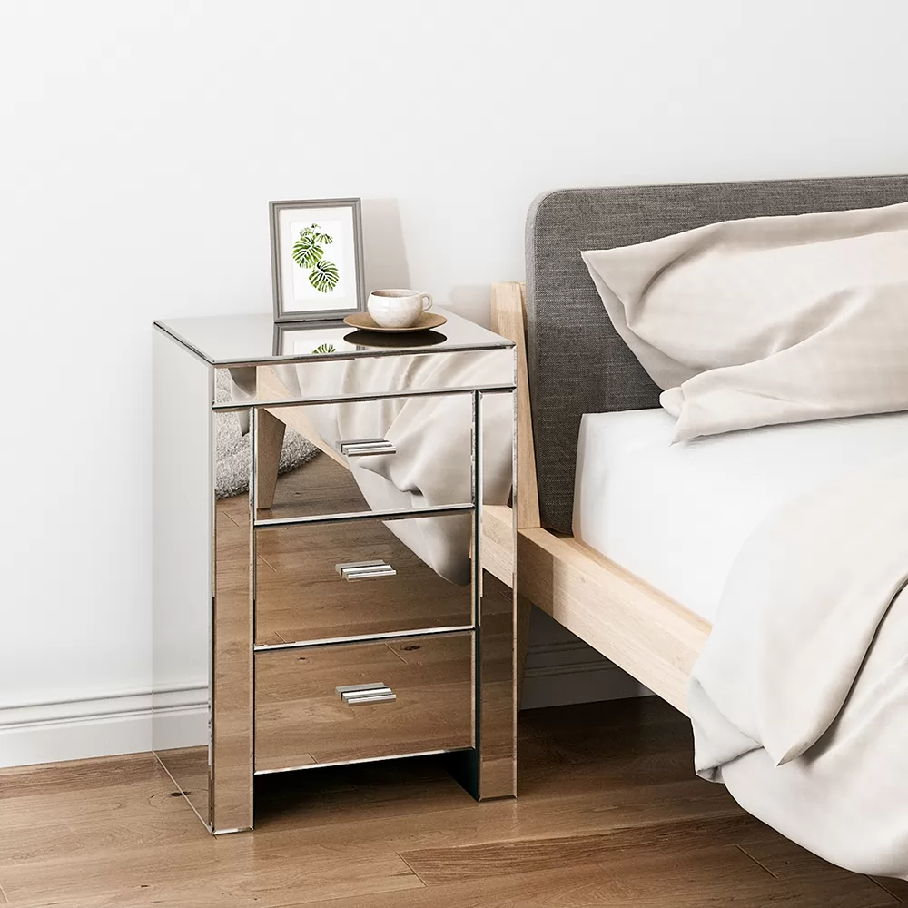 Mirrored Accent Silver Nightstand Bedside Table with 3-Drawers /  SF-BT040