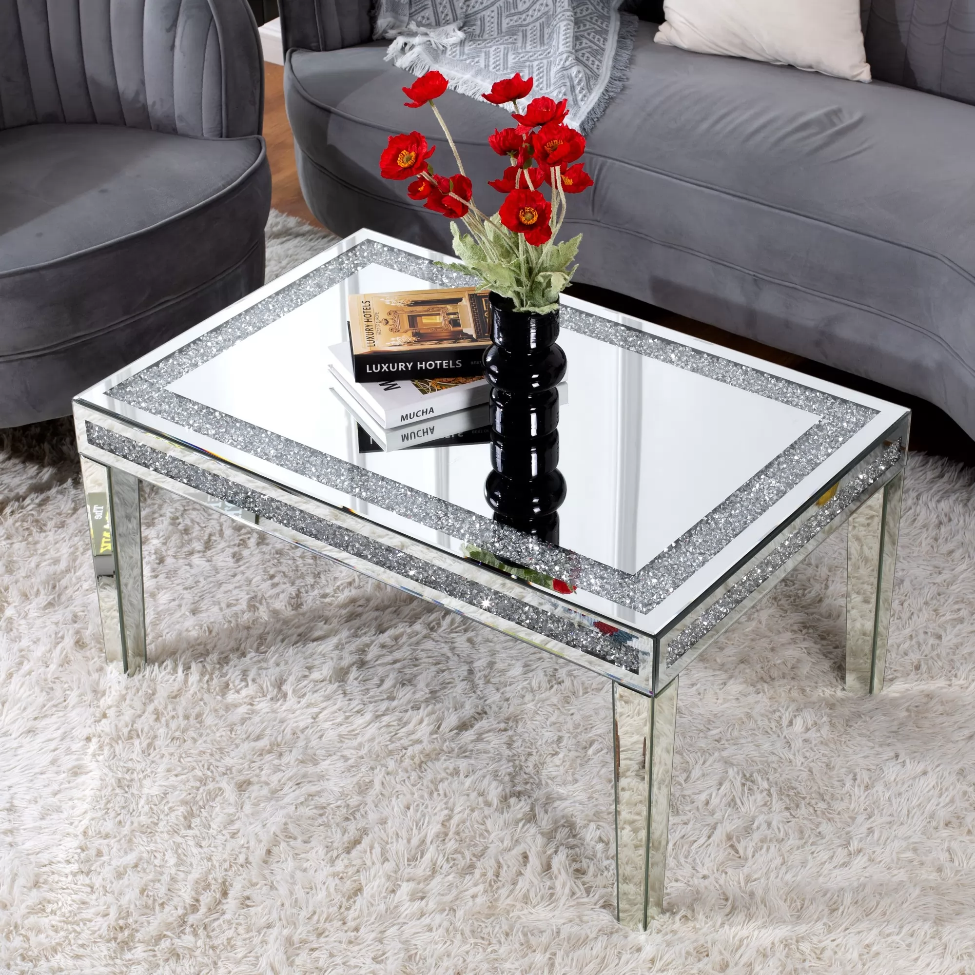 SHYFOY Coffee Table Mirrored with Crystals Inlay, Modern Contemporary Accent Side or Coffee Table for Living Room with Mirrored Finished
