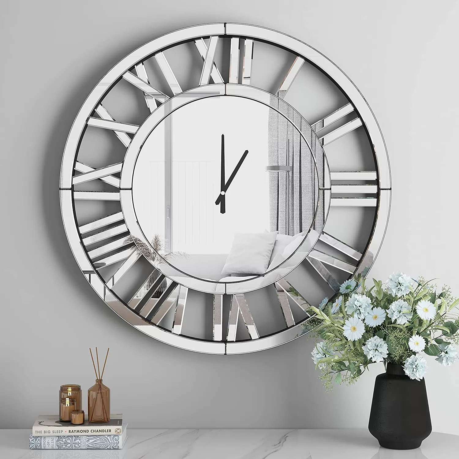 SHYFOY 24 inch Decorative Wall Clocks for Living Room Decor Modern Mirrored Big Clock for Wall Roman Numerals Frame Home Apartment Decoration, Batteri