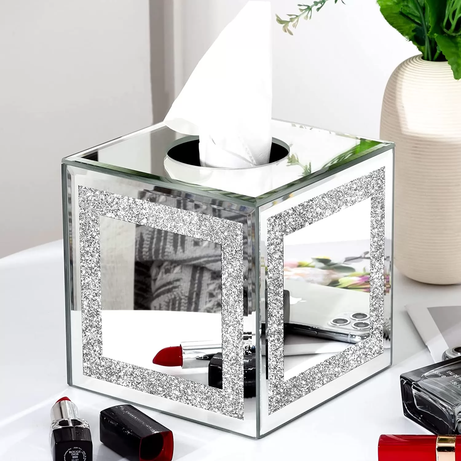 SHYFOY Square Mirror Tissue Box Holder, Glitter Decorative Glass Tissue Box Cover with Magnetic Closure, Silver Mirrored Tissue Box Holders Paper Case