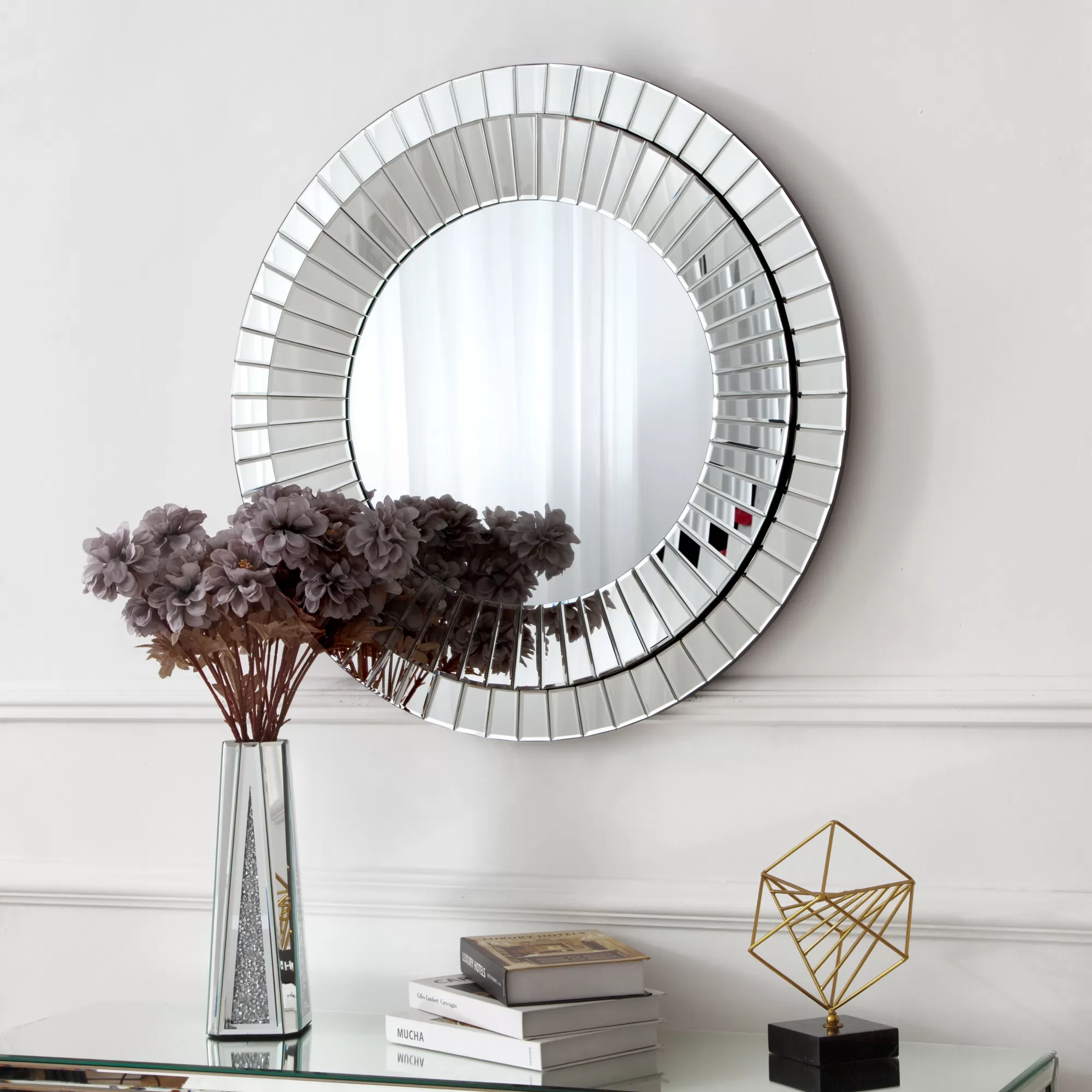 SHYFOY Silver Round Wall Mirror Decorative for Vanity & Living Room Decor, 31.5'' Circle Accent Wall Mirrors Glass Beveled Frame, Mirror for Wall Home