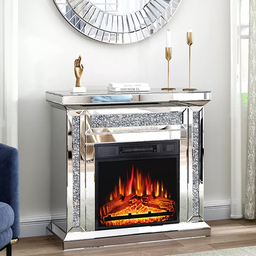 SHYFOY Mirrored Electric Fireplace, Fireplace Mantel Freestanding Heater Firebox with Remote Control, 3D Flame small / SF-F037