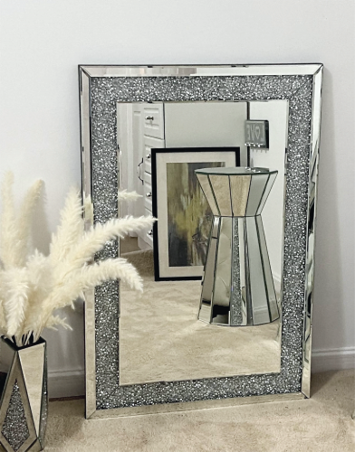 SHYFOY Rectangle Sparkling Decorative Wall Mirror For Home Decoration With Silver Crystal Crush Diamond Décor / SF-WM033
