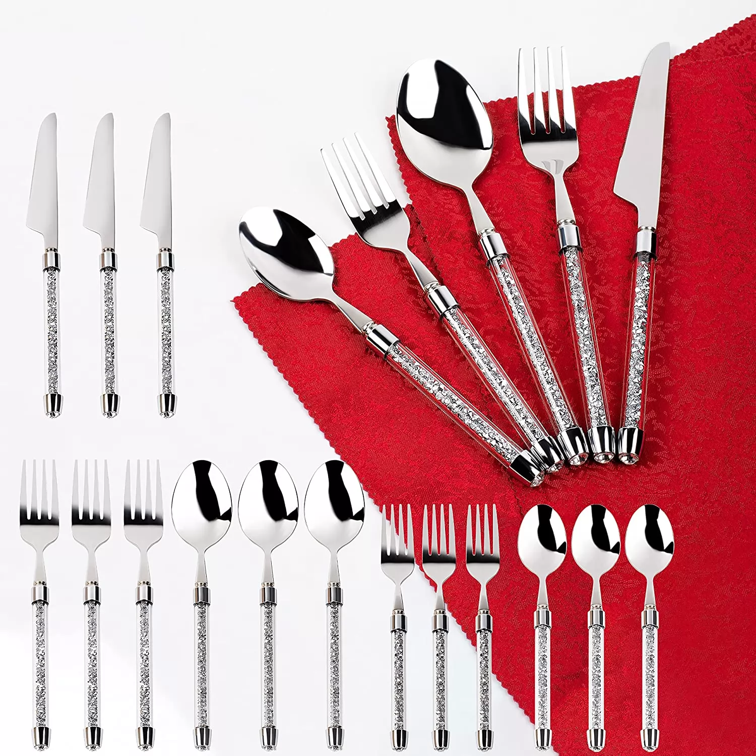 SHYFOY 20PCS Stainless Steel Silverware Set, Luxury Crushed Diamond Party Decor Flatware, Mirror Polished Cutlery Utensil Set, Durable Home Eating Kit