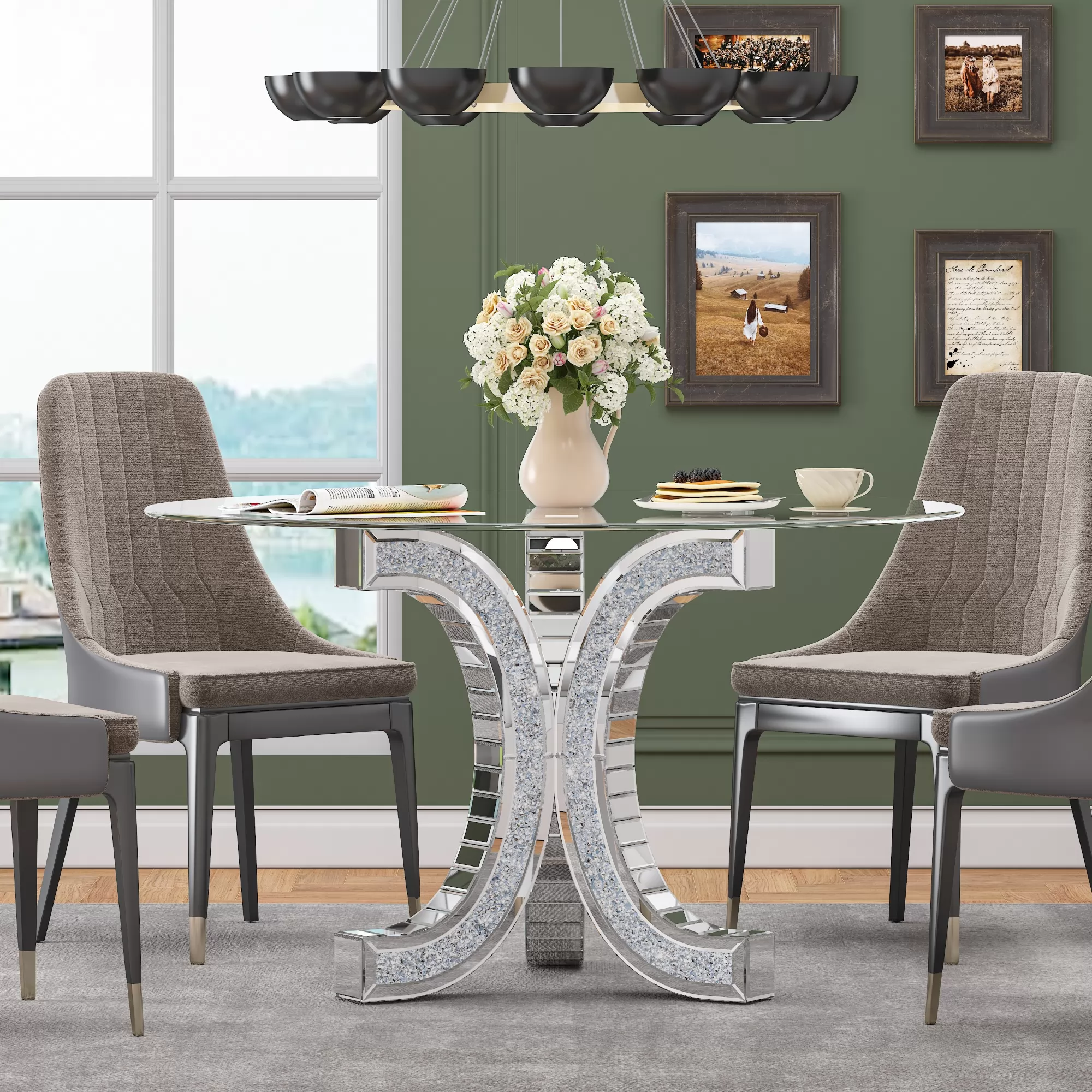 SHYFOY 52'' Mirror Glass Pedestal Dining Table with Tempered Glass Tabletop / SF-DT066