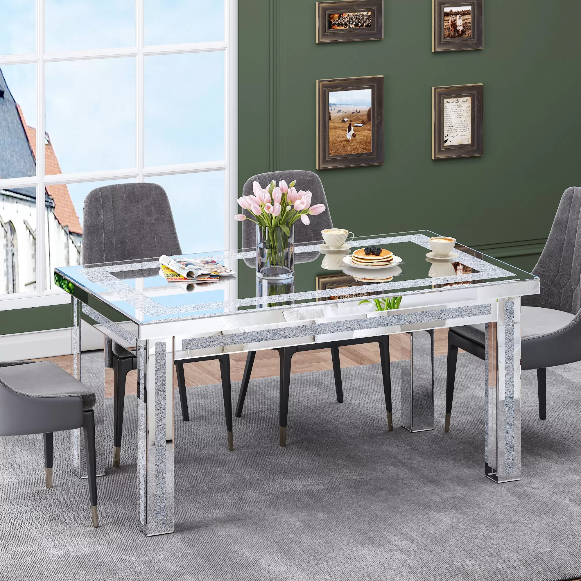 Dunlavy 63" Rectangle Mirror Glass Dining Table with 4 Legs