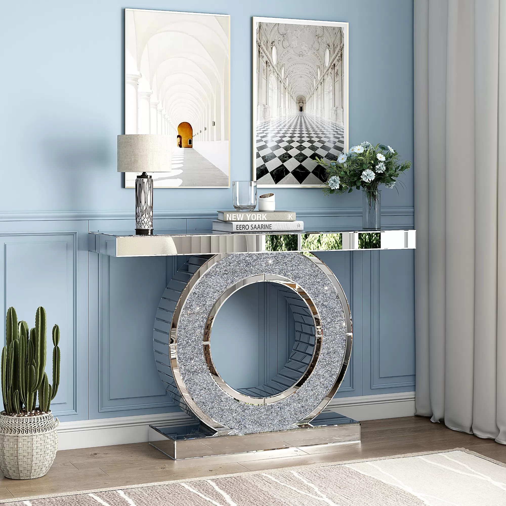 Gola 47.27" Mirrored Glass Console Table with Crush Diamond