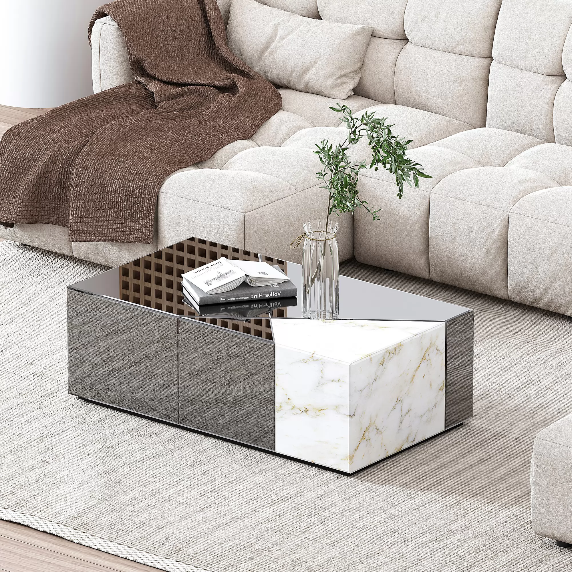 Mirrored Gray Coffee Table With Unique Marble Patchwork Design