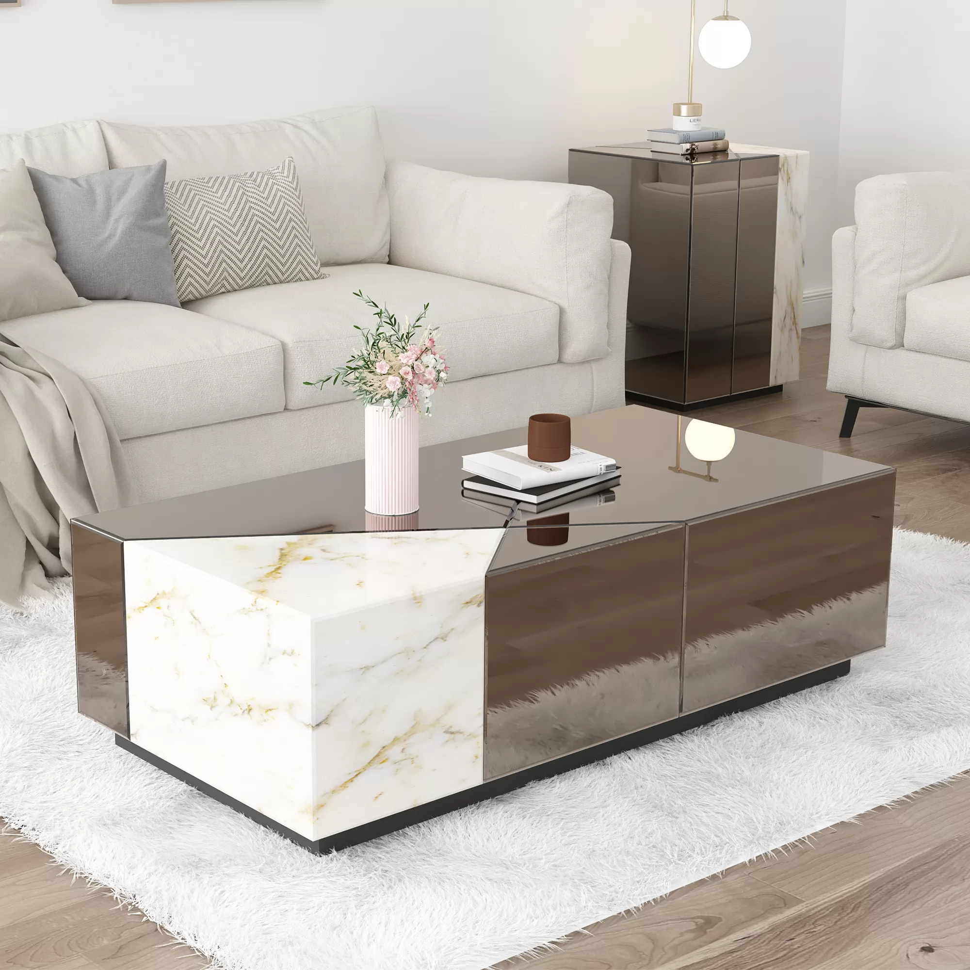 Benley 39.37''W Mirrored Block Coffee Table With Unique Marble Patchwork Design