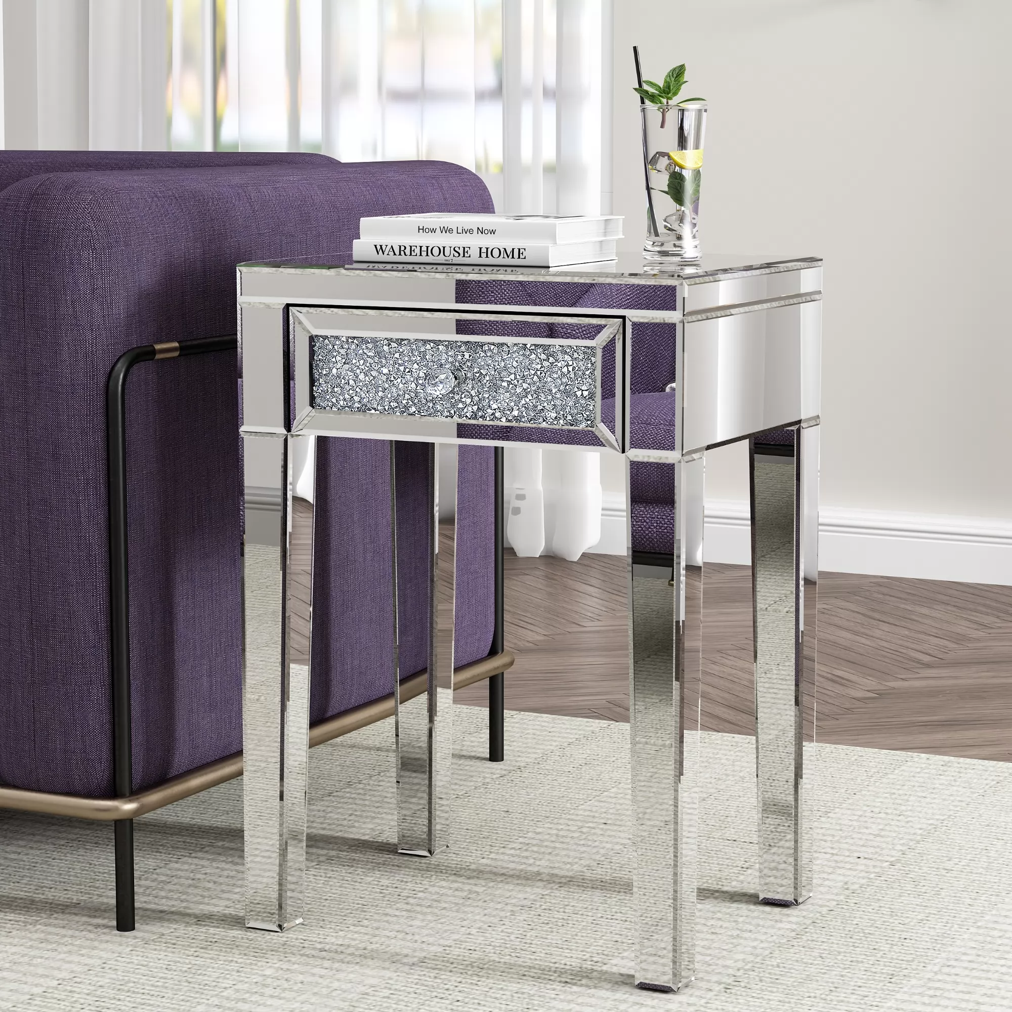 Melle 23.2'' Tall 4 Legs Glass End Table with Drawer
