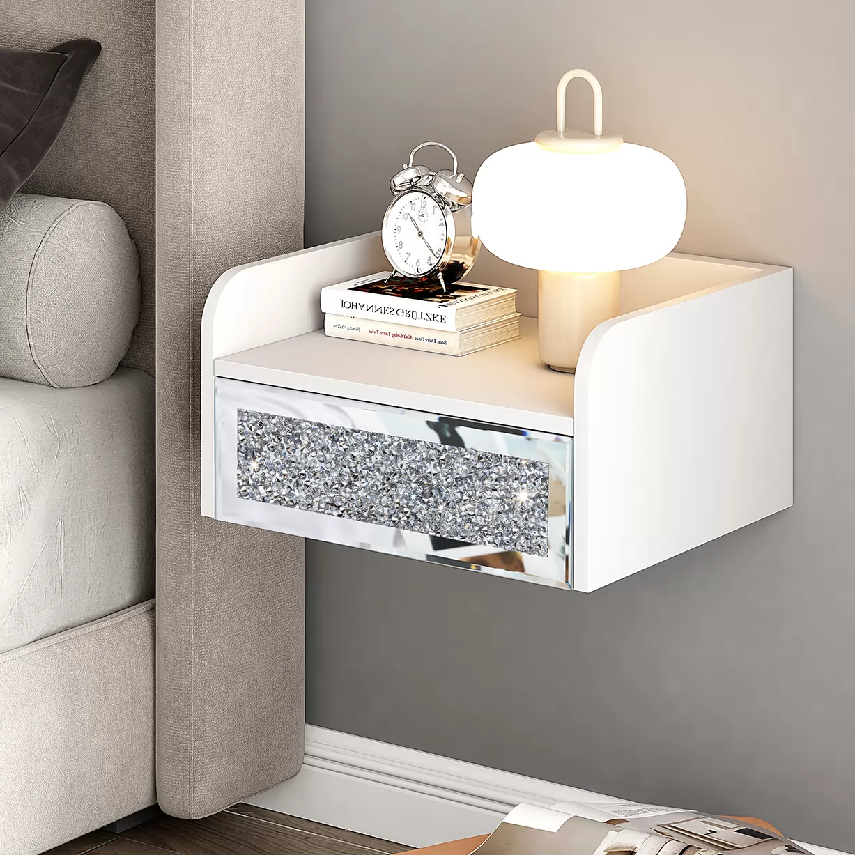 Floating Nightstand Mirrored Modern White Nightstands with Mirror Drawer & Faux Diamonds Inlay, Side Table Wall Mounted Shelf  for Liviroom.