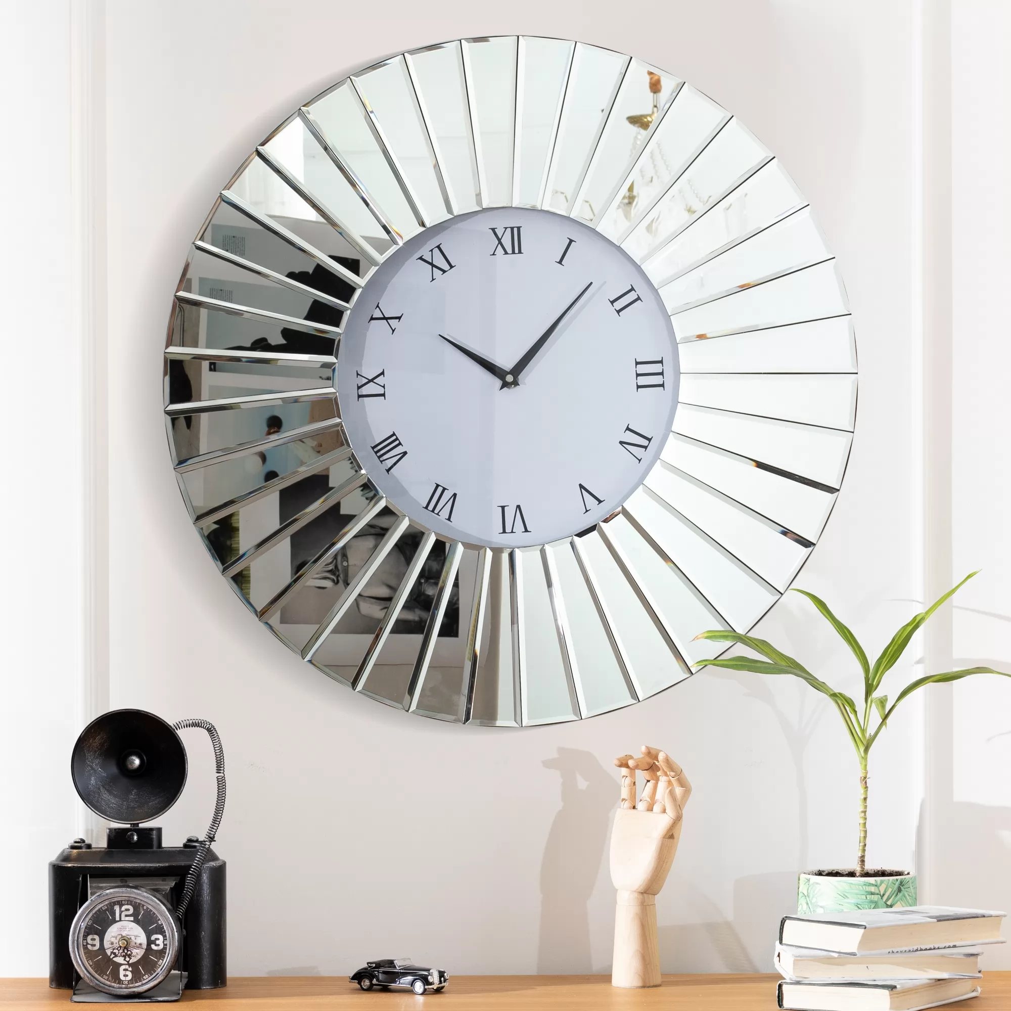 SHYFOY Decorative Wall Clocks for Living Room Decor - 32" Modern Wall Clock Mirrored Finish Fan Frame, Sparkly Large Round Clock Silver Wall Decor for